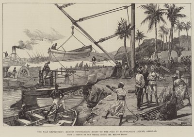 Nilexpeditionen, pråmar som lossar båtar på Nilen vid Elephantine Island, Assouan av William Heysham Overend