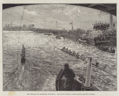Oxford och Cambridge Boat-Race, båtarna som passerar under Barnes Railway Bridge av William Heysham Overend