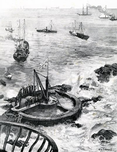 Prinsen av Wales och hertigen av Edinburgh lägger grundstenen till den nya Eddystone-fyren, illustration från "The Illustrated London News", 1879 av William Heysham Overend
