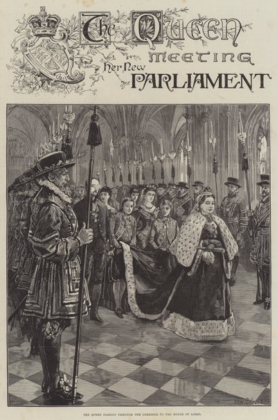 Drottningen möter sitt nya parlament, passerar genom korridoren till House of Lords av William Heysham Overend