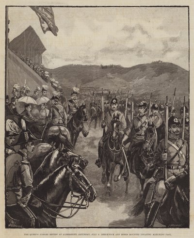 Drottningens jubileumsfest i Aldershott, lördagen den 9 juli, Brecknock and Berks Mounted Infantry marscherar förbi. av William Heysham Overend