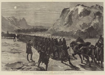 Upproret i Kanadas nordvästra territorium, koloniala trupper marscherar över isen i Nepigon Bay, Lake Superior av William Heysham Overend