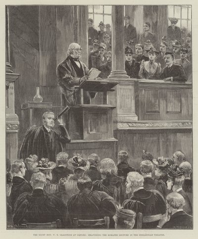 The Right Honorable W E Gladstone i Oxford, håller Romanes-föreläsningen i Sheldonian Theatre av William Heysham Overend