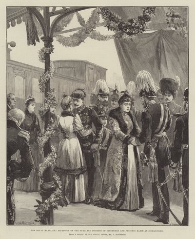 Det kungliga äktenskapet, mottagandet av hertigen och hertiginnan av Edinburgh och prinsessan Marie på Sigmaringen av William Heysham Overend