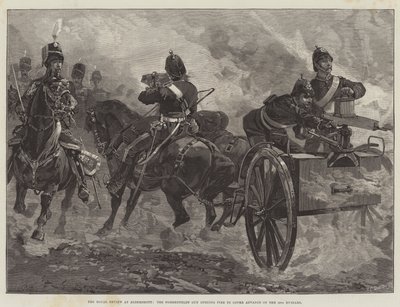 The Royal Review at Aldershot, Nordenfelt Gun öppnar eld för att täcka Advance of the 10th Hussars av William Heysham Overend