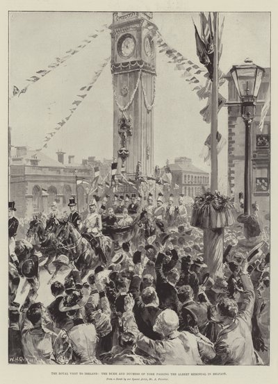 Det kungliga besöket i Irland, hertigen och hertiginnan av York passerade Albert Memorial i Belfast av William Heysham Overend