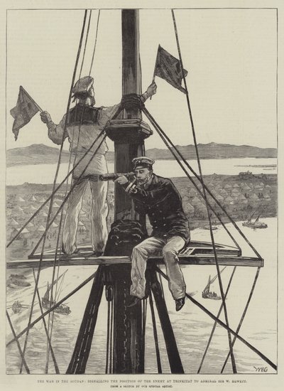 Kriget i Soudan, som signalerar fiendens position vid Trinkitat till amiral Sir W Hewett av William Heysham Overend