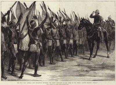 Zulukriget, general Lord Chelmsford granskar den infödda kontingenten på Tugelas bankar, infödda ropar H-H-O-Ooo! av William Heysham Overend