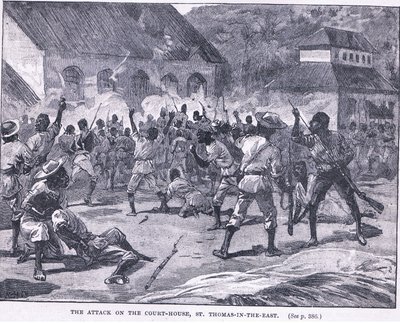 Attacken mot cout house, St Thomas i öst, Jamaica av William Heysham Overend