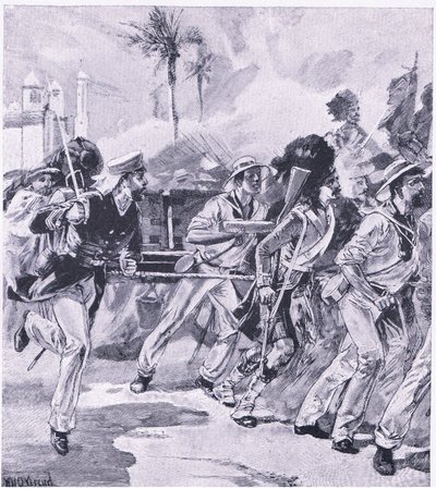 Sjöbrigaden från HMS Shannon i Lucknow, november 1857, illustration från British Battles on Land and Sea, 1915 av William Heysham Overend