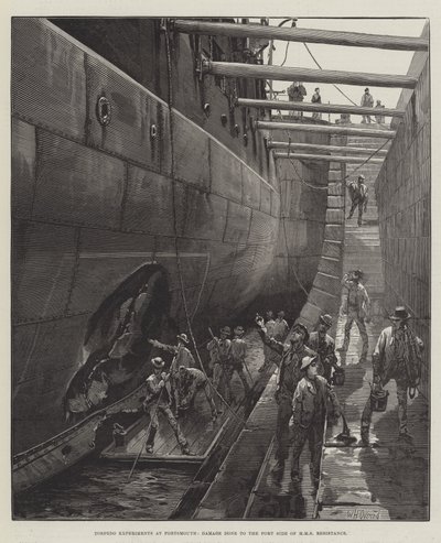 Torpedexperiment i Portsmouth, skada på babordssidan av HMS Resistance av William Heysham Overend