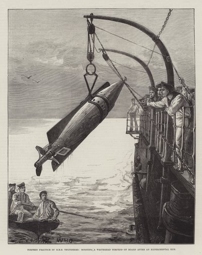 Torpedövning av HMS Thunderer, hissning av en Whitehead-torped ombord efter en försöksrunda. av William Heysham Overend