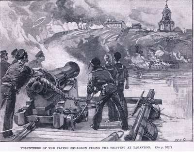 Frivilliga från den flygande skvadronen som skjuter på sjöfarten vid Taganrog 1855 AD av William Heysham Overend