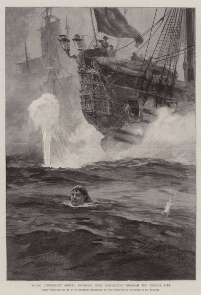Unga Cloudesley Shovell simmar med sändningar genom fiendens eld av William Heysham Overend