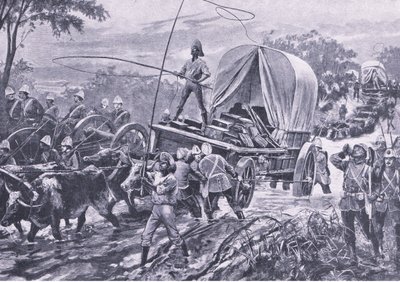 Zulu War: The Estowe Relief Force crossing a stream, april 1879, illustration från British Battles on Land and Sea, 1915 av William Heysham Overend