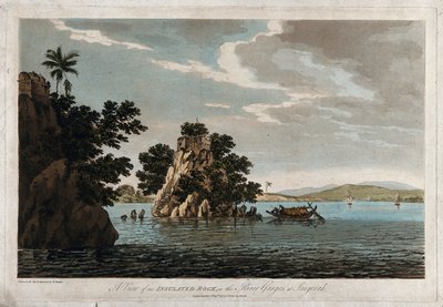 En vy över en isolerad sten i floden Ganges vid Jangerah av William Hodges