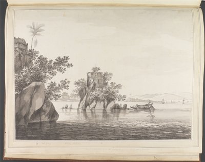 Vy över en isolerad klippa i floden Ganges vid Jangerah [Jahangira] av William Hodges