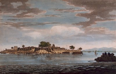 En vy över fortet Mongheer, vid stranden av floden Ganges av William Hodges