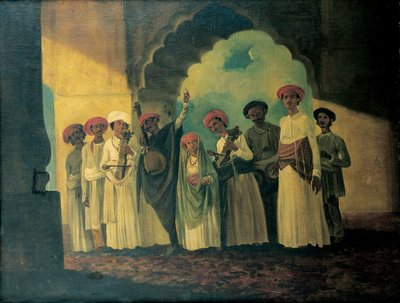 Grupp indiska musiker som spelar en sarangi, en tambura och tablas, med en tjej som dansar på en terrass av William Hodges