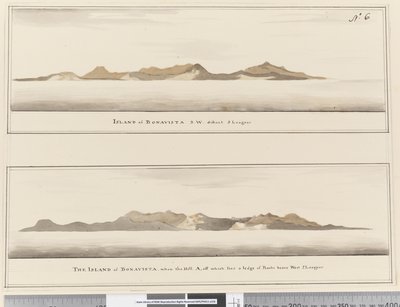 Page 6 Ön Bonavista: 2 profiler. Med titeln: "Ön Bonavista S.W. avlägsna 5 ligor" och "Ön Bonavista när kullen A, utanför vilken ligger en avsats av klippor bär västra 2 ligor" av William Hodges