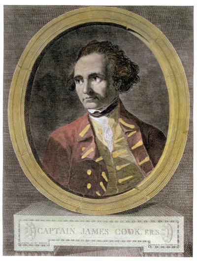 Porträtt av kapten James Cook (1728-79), från frontispicen på "Resan runt världen till sydpolen" (senare färgsättning) av William Hodges