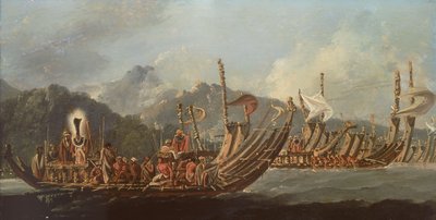 Granskning av krigsgalärerna på Tahiti av William Hodges