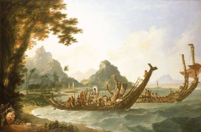 Krigsfartyg från ön Otaheite (Tahiti) och Samfundsöarna, med utsikt över en del av hamnen i Ohaneneno, på ön Ulieta, en av Samfundsöarna av William Hodges