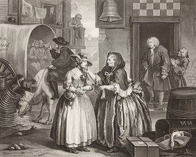 En sköka?S Framsteg / En horas väg, blad 1: Ankomst till London. 1732 av William Hogarth