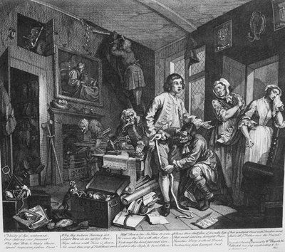A Rakes framsteg, platta 1, The Young Arving tar besittning av de eländiga effekterna av William Hogarth