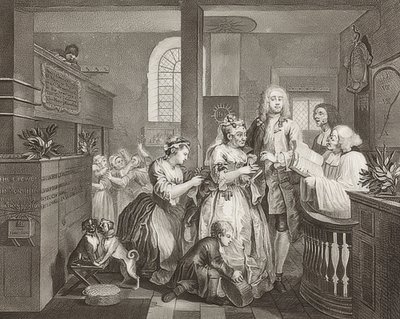 A Rake? S Progress, Plate 5: The Rake Marrying an Old Woman / The Path of a Dissolute, Blad 5: Tom Rakewell gifter sig med en rik gammal kvinna). 1735 av William Hogarth