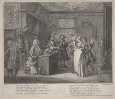 En kvinna som svär ett barn till en grav medborgare, ca 1730-35 (etsning) av William Hogarth
