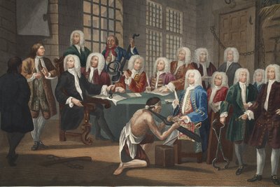 Bambridge står inför rätta för mord av en kommitté i underhuset, illustration från "Hogarth Restored: The Whole Works of the berömde William Hogarth, omgraverad av Thomas Cook", pub. 1812 (handfärgad gravyr) av William Hogarth