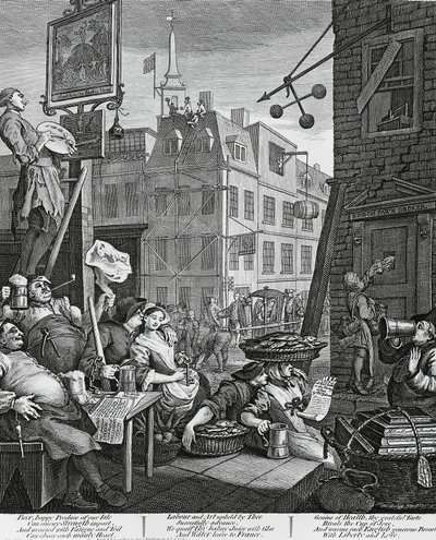 Beer Street, London, gravyr av William Hogarth (1697-1764), Storbritannien av William Hogarth