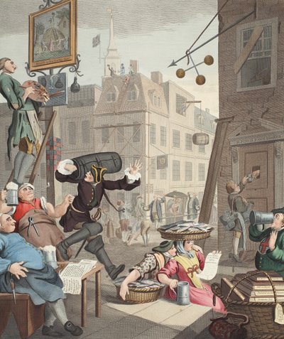 Beer Street, illustration från "Hogarth Restored: The Whole Works of the hyllade William Hogarth, re-graved by Thomas Cook", pub. 1812 (handfärgad gravyr) av William Hogarth