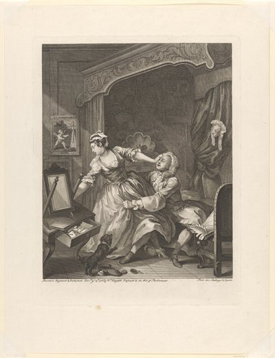 "Innan" Man drar en motvillig kvinna mot sig i ett sovrum före (titel på objekt) Före och efter (serietitel) Före och efter (serietitel) av William Hogarth