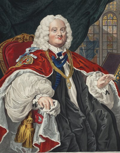 Benjamin Hoadly, illustration från "Hogarth Restored: The Whole Works of the hyllade William Hogarth, re-graved by Thomas Cook", pub. 1812 (handfärgad gravyr) av William Hogarth