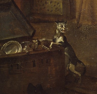 Katt med bröst, detalj från A Rakes Progress I: Kratta som tar sitt gods i besittning, 1733 olja på duk detalj av 72326 av William Hogarth