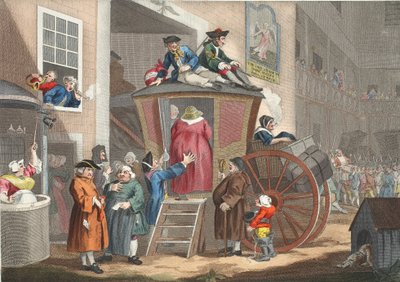 Country Inn Yard, illustration från "Hogarth Restored: Hela verken av den berömde William Hogarth, ingraverat av Thomas Cook", pub. 1812 (handfärgad gravyr) av William Hogarth