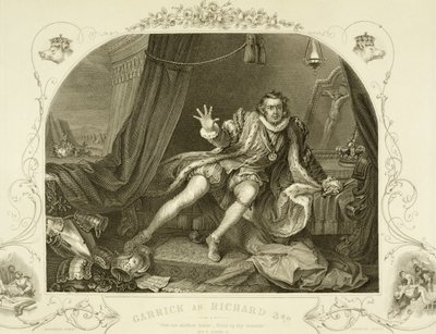 David Garrick (1717-79) som Richard III, akt V, scen 3, i pjäsen av William Shakespeare (1564-1616) graverad av Portbury av William Hogarth