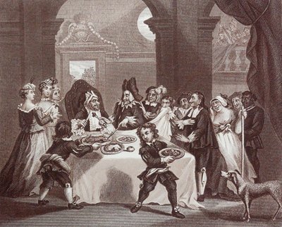 Gravyr med titeln "Sancho svälter av sin läkare" av William Hogarth av William Hogarth