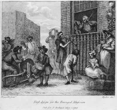 Första designen för The Enraged Musician, 1799 av William Hogarth