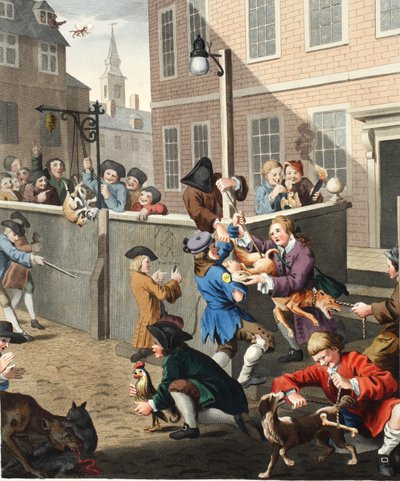 Första skedet av grymhet, illustration från "Hogarth Restored: The Whole Works of the hyllade William Hogarth, ingraverat av Thomas Cook", pub. 1812 (handfärgad gravyr) av William Hogarth