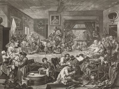 Fyra utskrifter av ett val / De allmänna valen. Blad 1: En valunderhållning. 1755 av William Hogarth