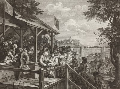 Fyra utskrifter av ett val / De allmänna valen. Blad 3: Röstningen / Röstning. 1758 av William Hogarth