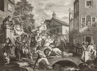 Fyra utskrifter av ett val / De allmänna valen. Blad 4: Ordförande för ledamöterna / MPs triumftåg. 1758 av William Hogarth