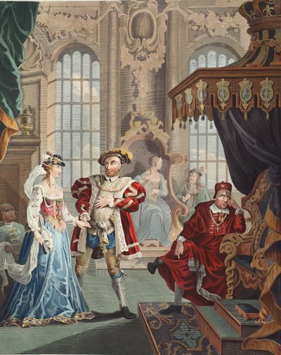Henry VIII och Anne Boleyn, illustration från "Hogarth Restored: The Whole Works of the celebred William Hogarth, re-graved by Thomas Cook", pub. 1812 (handfärgad gravyr) av William Hogarth