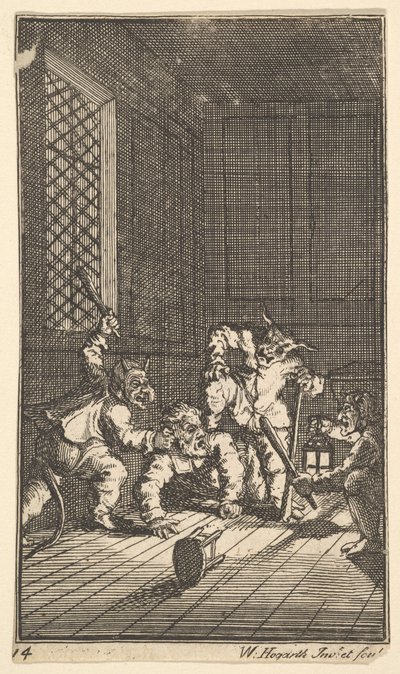 Hudibras katekiserade sjutton små illustrationer för Samuel Butlers Hudibras, nr. 14, 1721-26. av William Hogarth