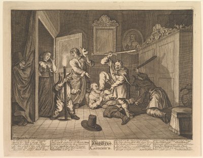 Hudibras katekiserade tolv stora illustrationer för Samuel Butlers Hudibras, tavla 9, 1725-68. av William Hogarth