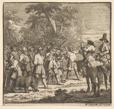 Hudibras första äventyr Sjutton små illustrationer för Samuel Butlers Hudibras, n..., 1721-26. av William Hogarth