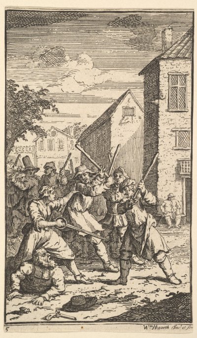 Hudibras besegrad av Trulla Sjutton små illustrationer för Samuel Butlers Hudibr..., 1721-26. av William Hogarth
